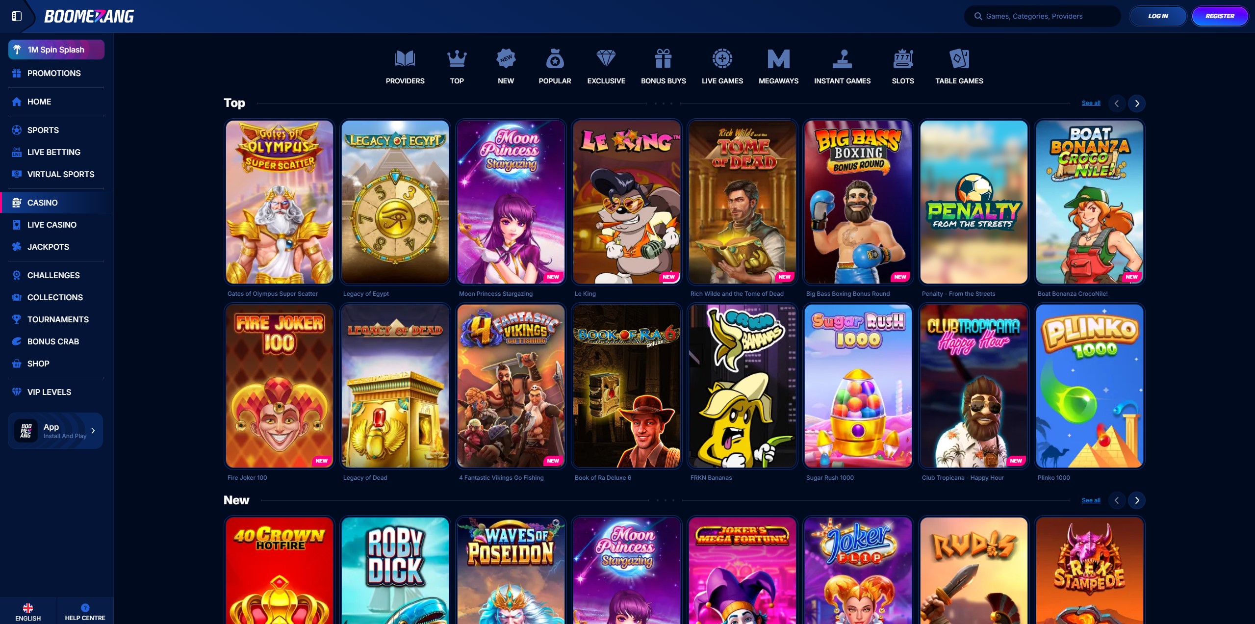Boomerang Casino game lobby showing slots from top providers