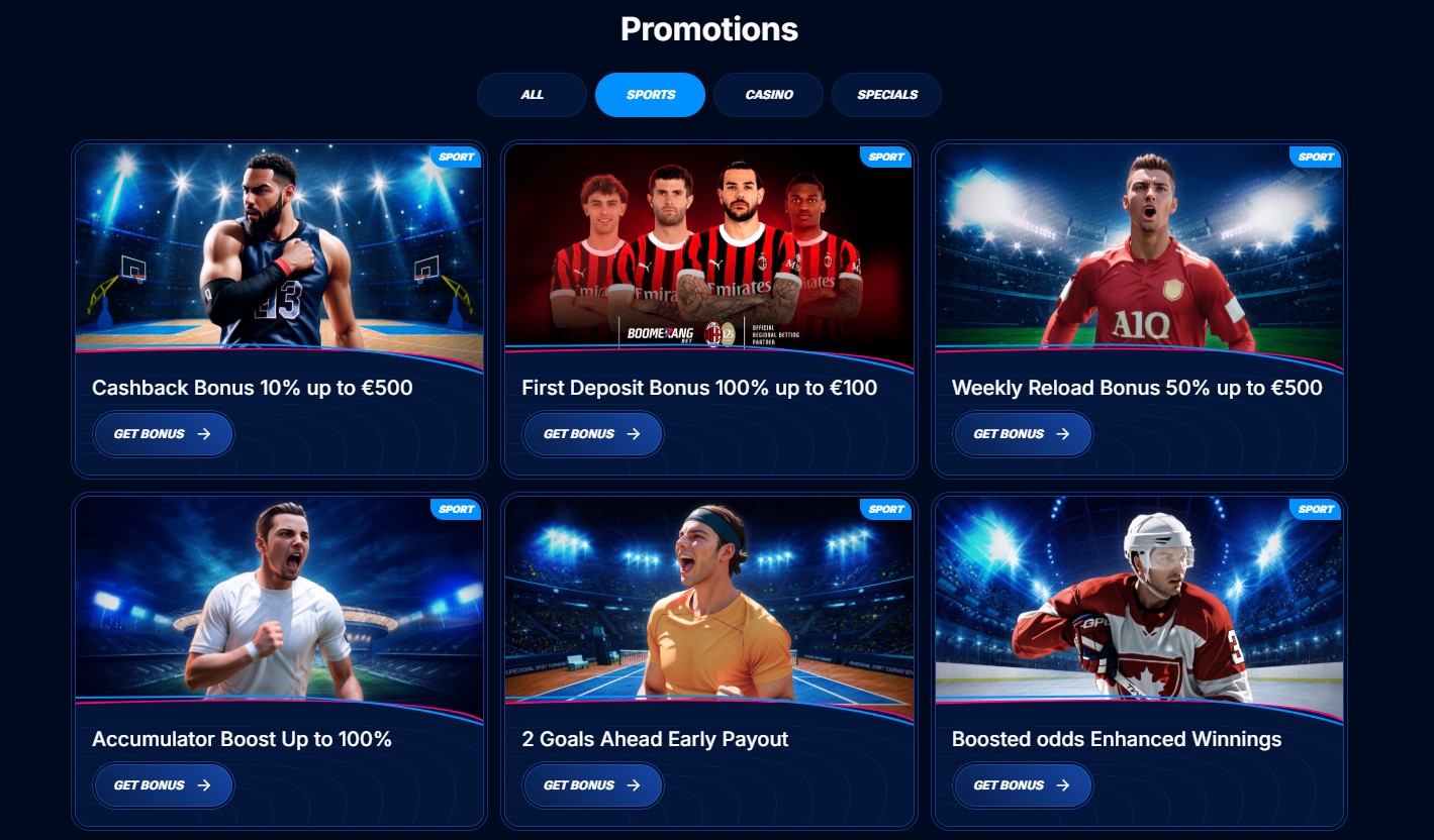 Boomerang Bet sports promotions including reload bonus and accumulator boost
