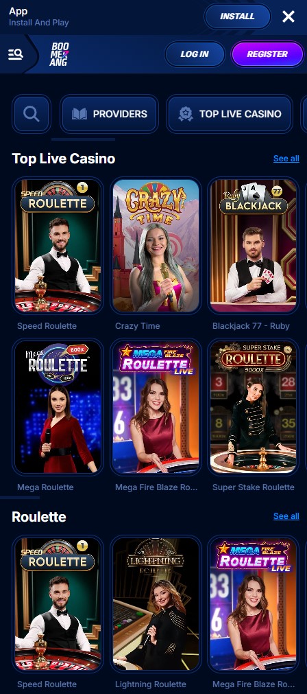 Boomerang mobile casino live dealer tables on a smartphone